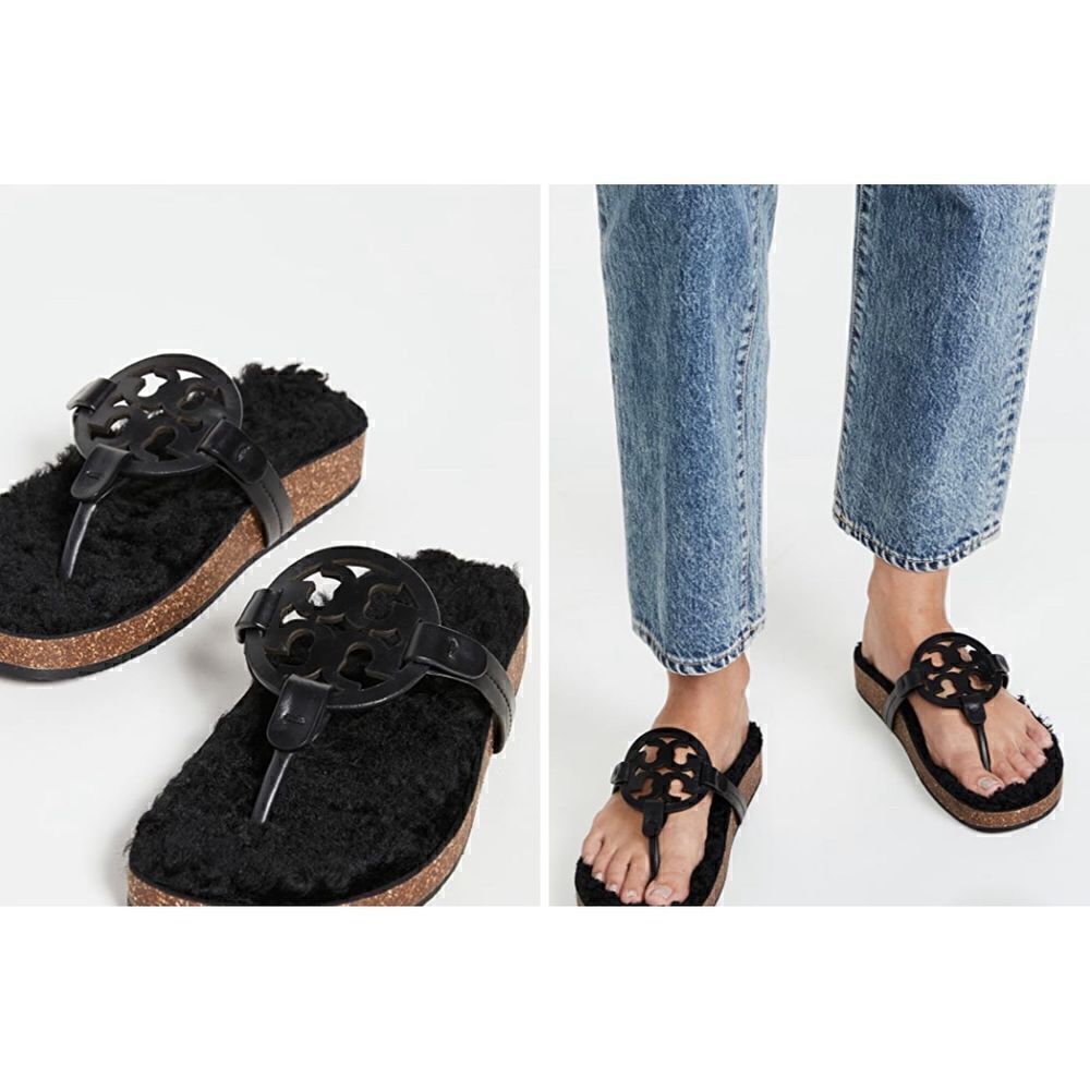 NIB Tory Burch Miller Cloud Shearling Medallion Thong Sandals